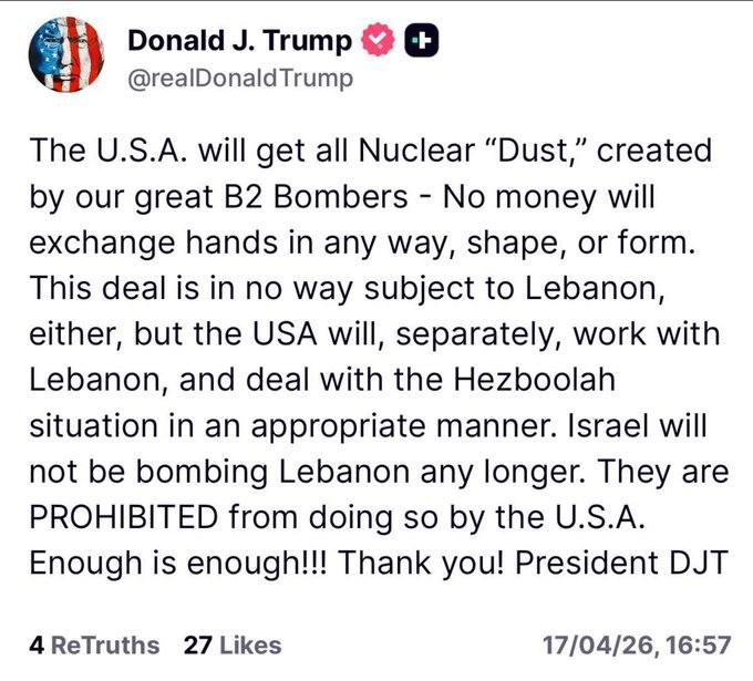 Trump Claims U.S. Stopped Israeli Bombing in Lebanon